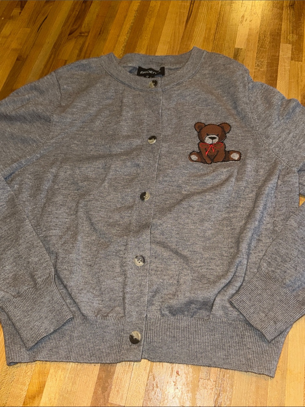 Arden B Gray Knit Cardigan with Teddy Bear Patch